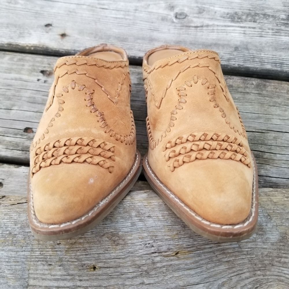 Vintage 90s y2k Camel Tan Suede Boho Western Cowgirl Whipstitch Heeled Mules 6.5 - Picture 2 of 10